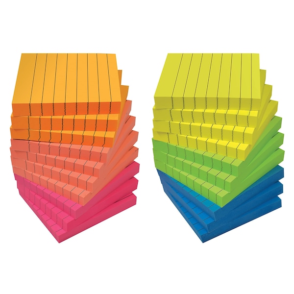 Better Office Products Lined Sticky Notes, 3in.x3in. 2,000 Shts 100/Pad, Self Stick Notes with Lines, Bright Colors, 20PK 66335 - main